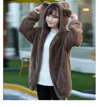ZOGAA Ženy s kapucňou zimné Oblečenie kórejský malého medveďa bunny s uši a chvost cartoon plyšové bunda Teplé vrchné oblečenie Kabát