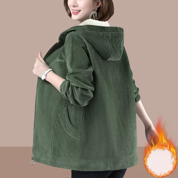 Zoki Teplé Ženy Menčester Kabát Zimný Hrubé Vintage Plus Veľkosť Vrecko Na Zips Žena Bunda S Kapucňou Voľné Dlhý Rukáv Lady Oblečenie