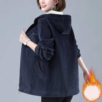 Zoki Teplé Ženy Menčester Kabát Zimný Hrubé Vintage Plus Veľkosť Vrecko Na Zips Žena Bunda S Kapucňou Voľné Dlhý Rukáv Lady Oblečenie