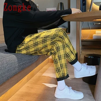 Zongke Členok-Dĺžka Kockované Nohavice Mužov Oblečenie Joggers Mužov Nohavice Japonský Streetwear Nohavice Muži Móda Hip Hop 5XL 2021