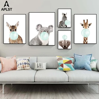 Zvierat, Zebra, Žirafa, Koala Slon Žuvanie Bubble Gum Plátne, Plagát, Tlač Maľovanie na Obrázok pre Dieťa, Dojčenská Deti, Spálne, detskej izbe
