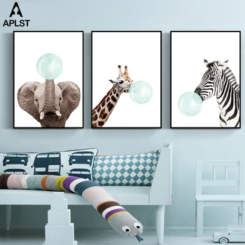 Zvierat, Zebra, Žirafa, Koala Slon Žuvanie Bubble Gum Plátne, Plagát, Tlač Maľovanie na Obrázok pre Dieťa, Dojčenská Deti, Spálne, detskej izbe