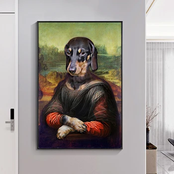 Zábavné Umenie Psa Vedúci Mona Lisa Portrét Plátno Plagát Obrazy Vtip Zvieratá umelecké Diela Výtlačkov Obrázkov pre Obývacia Izba Domov
