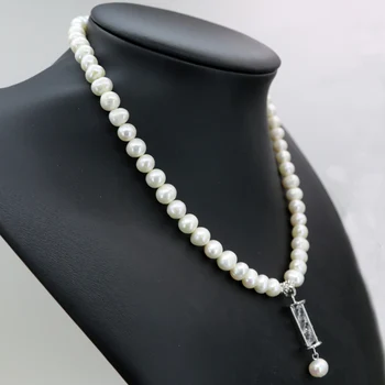 Zľava prírodné 8-9mm sladkovodných kultivovaných white pearl korálky, náramky, náhrdelník pre ženy s príveskom elegantné šperky set B2923