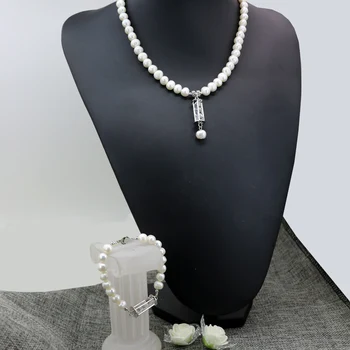 Zľava prírodné 8-9mm sladkovodných kultivovaných white pearl korálky, náramky, náhrdelník pre ženy s príveskom elegantné šperky set B2923