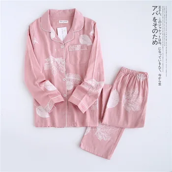 Čerstvé pyžamo sady ženy gázy bavlna Japonský lete dlhý rukáv bežné sleepwear ženy jednoduché roztomilý medveď pyžamá