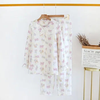 Čerstvé pyžamo sady ženy gázy bavlna Japonský lete dlhý rukáv bežné sleepwear ženy jednoduché roztomilý medveď pyžamá