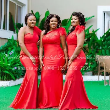 Červená Morská Víla Bridesmaid, Šaty 2021 Úplnej Jedného Pleca Vestidos Africkej Ženy Formálne Dlhé Svadobné Party Šaty Prom Šaty