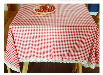 Červené a Biele Gingham Kockovaná Kockované obrusy Jedálenský Stôl s Čipkou Trim Kryt Dekorácie