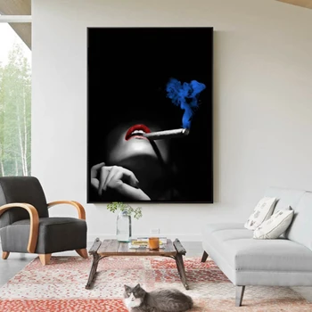 Čierna a Biela Art Portrét Plagáty a Vytlačí Sexy Fajčenie Žien Červené Pery Plátno, Maľovanie na Obývacia Izba Cuadros Domova