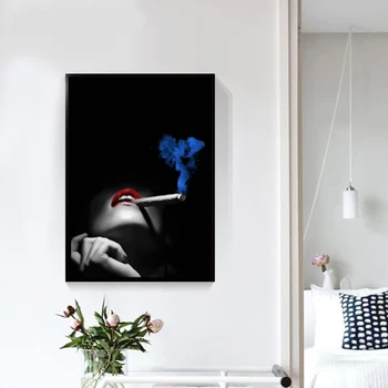 Čierna a Biela Art Portrét Plagáty a Vytlačí Sexy Fajčenie Žien Červené Pery Plátno, Maľovanie na Obývacia Izba Cuadros Domova