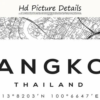 Čierna a Biela Bangkok Mapu Nordic Thajsko Mape Mesta Wall Art Vytlačené Obrázky, Plagáty a Tlačí na Obývacia Izba Domova