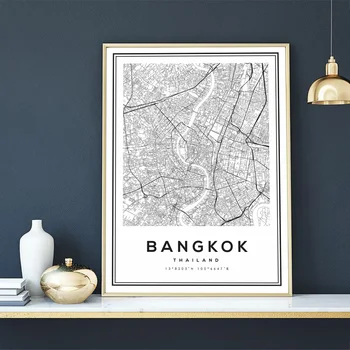 Čierna a Biela Bangkok Mapu Nordic Thajsko Mape Mesta Wall Art Vytlačené Obrázky, Plagáty a Tlačí na Obývacia Izba Domova