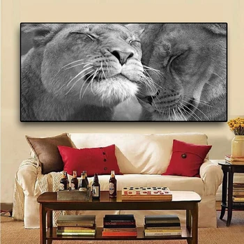 Čierna a biela zatvorené oči lev dve prairie zvieratá, olejomaľba na Plátne Plagáty Vytlačí Cuadros Wall Art Obrázok Pre Obývacia Izba