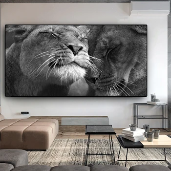 Čierna a biela zatvorené oči lev dve prairie zvieratá, olejomaľba na Plátne Plagáty Vytlačí Cuadros Wall Art Obrázok Pre Obývacia Izba