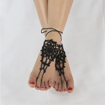 Čierne Biele Háčkované Anklet Tanec Príslušenstvo Sandále Naboso Nohy Šperky Anklet Prst Ruky Svadobné Svadobné Pláži Anklet Reťazca
