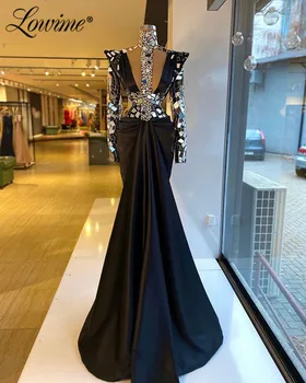 Čierne Kryštály Večerné Šaty Dlhé Rukávy Dubaj Formálne Večerné Šaty Plus Veľkosť Mermaid Party Šaty Afriky Arabčina Prom Šaty