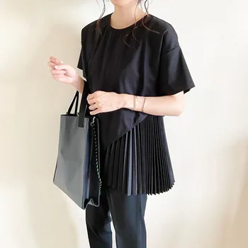 Čierne Tričko Klasického Dizajnu Kórejskej Japonsko Skladaný Patchwork Letné Krátke Rukáv Top Tees Žena Príležitostné Voľné Basic Tričko Dievčatá