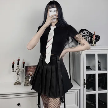 Čierne Ženy Krátke, Tesné tričká 2021 Lady Pohode Golier Sexy Tlačidlo Tričko Gotický Punk Základné Lumbálna Goth Top + Módne Kravata
