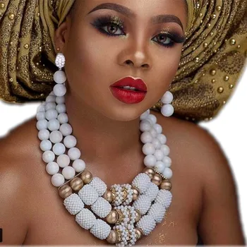 Čisto Biele a Zlaté Svadobné Šperky Set Gule Svadobné Šperky Set Afrického Nigérijský Korálky Náhrdelníky Náušnice, Náramok Nastaviť 2018