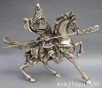 Čína Fengshui Striebro Kuan Kung Guan Yu Bojovník Boh podržte machetes Jazda na Koni Šťastie socha kovové remeselné