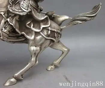 Čína Fengshui Striebro Kuan Kung Guan Yu Bojovník Boh podržte machetes Jazda na Koni Šťastie socha kovové remeselné