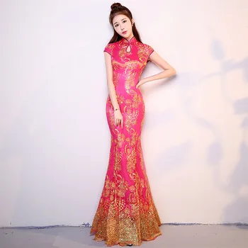 Čínsky Národný Morská víla Dlho Cheongsam Ženy Slim Flitrami Moderné Qipao Elegantné Dámske Večerné Party Šaty Šaty Veľkosti S-3XL
