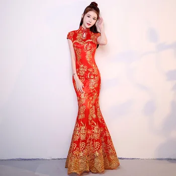 Čínsky Národný Morská víla Dlho Cheongsam Ženy Slim Flitrami Moderné Qipao Elegantné Dámske Večerné Party Šaty Šaty Veľkosti S-3XL