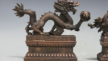 Čínsky Royal fengshui Bronz, meď sľubný Dragon phoenix Socha 23 cm