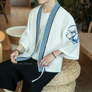 Čínsky Štýl Kabát Retro Hanfu Rúcha Kung Fu Tang Vyhovovali Mužov Japonské Kimono Cardigan Yukata Haori Bundy Dragon Tlač Streetwear