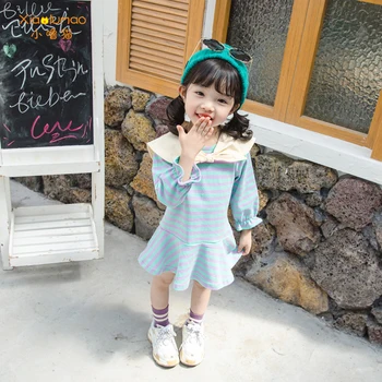 Šaty jeseň dlhý rukáv dievča šaty kórejský štýl navy golier prekladané dievčatá šaty ružová modrá zelená bavlna frocks 3-8T tiktok