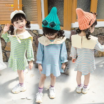 Šaty jeseň dlhý rukáv dievča šaty kórejský štýl navy golier prekladané dievčatá šaty ružová modrá zelená bavlna frocks 3-8T tiktok
