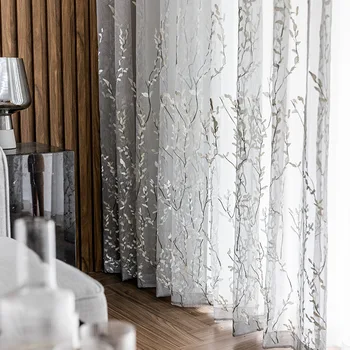šedá Nádherné vyšívané uteráky s listami Úplnej Voile Panel Čínske obrazovky okno tylu pre obývacia izba zh207&30