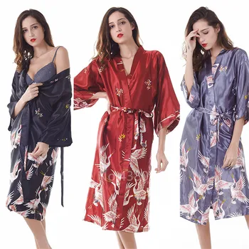 Šedá Satin Dlhý Župan Ženy Japonské Kimono Svadba Nevesta Bridesmaid, Župan Nightgown Sleepwear Tlač Žeriav Kimono XL