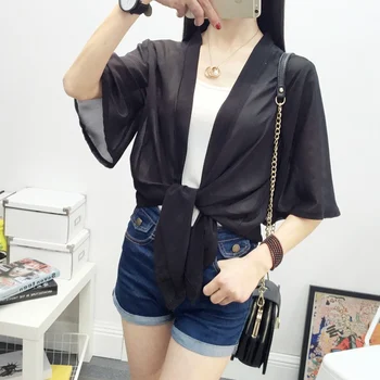 Šifón Kimono Cardigan Bežné Polovičný Rukáv Voľné Čierne Ženy Blúzky, Košele Plus Veľkosť Lete Ženy Topy Vrchné Oblečenie