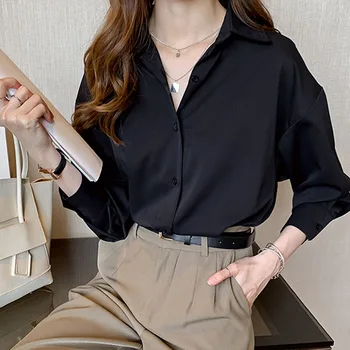 Šifón Tričko 2020 kórejský Voľné dámske Tričko Dlhý Rukáv Biele Top Klesnutie Tričko Streetwear Plus Veľkosť Pevné V-Neck Black 0705