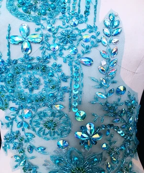 Šiť na kamienkami flitrami perly svetla modrá čipky nášivka crystal výbava škvrny 47*27 cm pre šaty príslušenstvo