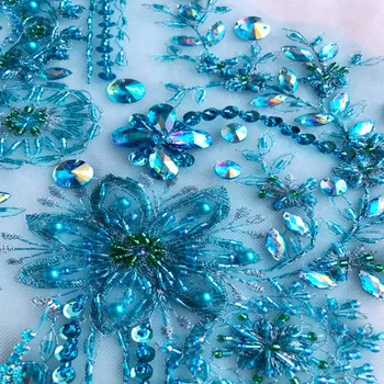 Šiť na kamienkami flitrami perly svetla modrá čipky nášivka crystal výbava škvrny 47*27 cm pre šaty príslušenstvo