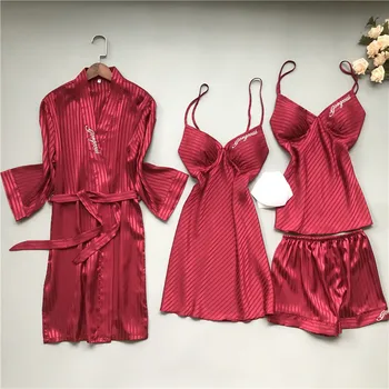 Štyri-dielny Oblek Tenké Domov Nightgown Ženy na Jar A na Jeseň Sexy Pyžamo S Prsia Podložky Žien Podväzkové Šortky