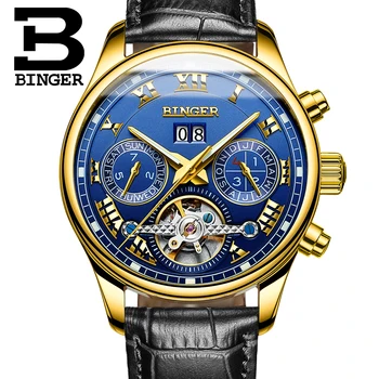 Švajčiarsko Kostra Automatické Hodinky Muži mechanické Hodinky BINGER Multifunkčné Vojenské Kožené Náramkové hodinky relogio masculino