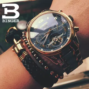 Švajčiarsko Kostra Automatické Hodinky Muži mechanické Hodinky BINGER Multifunkčné Vojenské Kožené Náramkové hodinky relogio masculino