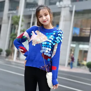 Ťažký priemysel Sequin strapec farebný sveter ženy 2020 jar Jeseň Nový kórejský módne krátke kolo dlhý rukáv pletené B-016