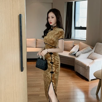 Žena Cheongsam Ceruzka Šaty Krátke Rukáv Mandarin Golier Sexy Vestidos Čínsky Štýl Strane Split Ručné Tlačidlo, Zamatové Šaty