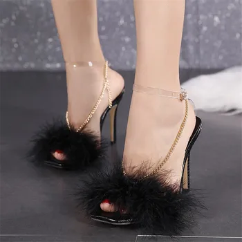 Žena, Nové Letné sandále Pierko PVC Transparentné Dizajn reťazca Vysoké Podpätky Kožušiny Sandále Típat Prst Spike Päty Dámy sandále