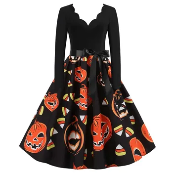 Žena Party Šaty pre Halloween Šaty Plus Veľkosť Dlhé Rukávy Šaty Vlna Vytlačené tvaru Tlačené Halloween Šaty Žien Vestidos
