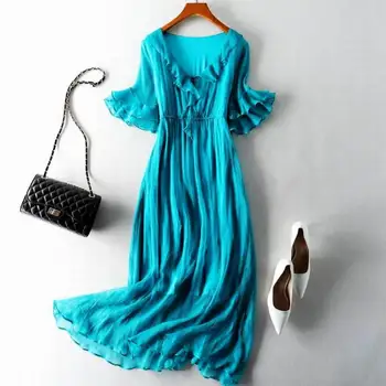 Žena Pevné Dlhé Hodvábne Šaty, Hodváb, Elegantné Krídla šaty tvaru Letné Plážové Šaty Modrej Vysoko Kvalitné Oblečenie