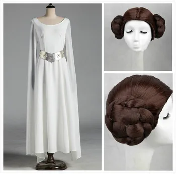 Žena Star Wars Princezná Leia Organa Sólo Cosplay Dlhé Biele Šaty, Parochne 2KS Nastaviť Dospelých Halloween Karneval Cosplay Disguisement