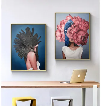Ženské abstraktné hlavu s pierko kvet maľba na stene visí art print dekoratívne maľby domov obývacej miestnosti dekorácie