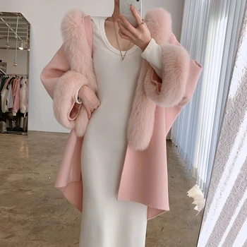 Ženské cardigan kabát kórejský francúzsky elegantné kapucňou ťažký priemysel imitácia noriek kožušiny pribrala teplé stredná dĺžka woolenovercoat