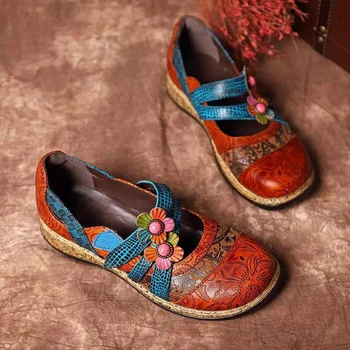 Ženské Jeden Sandále Jar Jeseň Retro British Kvet Kožené Kombinácie Spojov Farebné Princezná Prekladané Klin Ploché Topánky